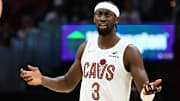 Oct 25, 2024; Cleveland, Ohio, USA; Cleveland Cavaliers guard Caris LeVert (3) reacts to referee Ed Malloy (14) after receiving a technical foul during the second half against the Detroit Pistons at Rocket Mortgage FieldHouse. Mandatory Credit: Ken Blaze-Imagn Images