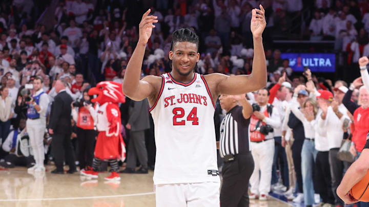 Mar 1, 2025; New York, New York, USA;  St. John's basketball forward Zuby Ejiofor (24) celebrates after defeating the Seton Hall Pirates 71-61 to win the Big East Regular Season Championship at Madison Square Garden. 