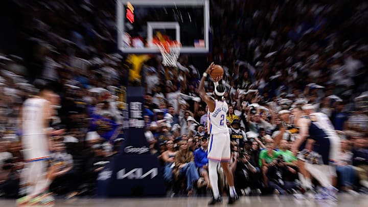 Oklahoma City Thunder guard Shai Gilgeous-Alexander attempts a free throw in the fourth quarter against the Denver Nuggets. Oklahoma City Thunder guard Shai Gilgeous-Alexander attempts a free throw in the fourth quarter against the Denver Nuggets.