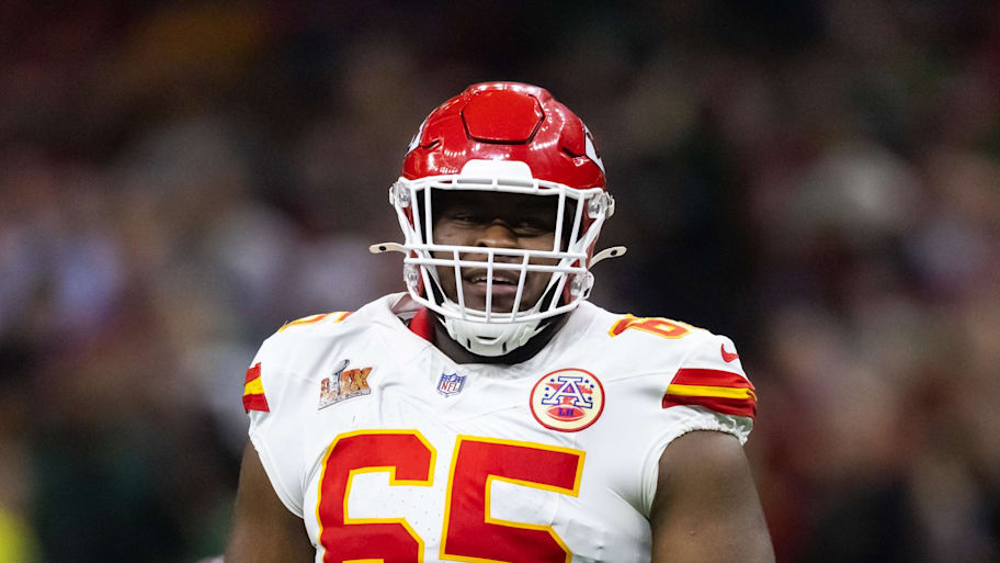 Feb 9, 2025; New Orleans, LA, USA;  Kansas City Chiefs guard Trey Smith (65) against the Philadelphia Eagles in Super Bowl LIX at Ceasars Superdome. Mandatory Credit: Mark J. Rebilas-Imagn Images | Mark J. Rebilas-Imagn Images