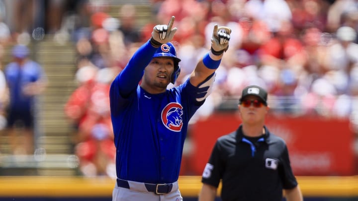 Jun 9, 2024; Cincinnati, Ohio, USA; Chicago Cubs designated hitter Seiya Suzuki (27) reacts after hitting a double in the first inning against the Cincinnati Reds at Great American Ball Park.
