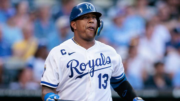 Jun 30, 2026; Kansas City, Missouri, USA; Kansas City Royals catcher Salvador Perez (13) at the plate during the fourth inning against the Tampa Bay Rays at Kauffman Stadium. Mandatory Credit: William Purnell-Imagn Images