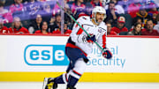 Jan 28, 2025; Calgary, Alberta, CAN; Washington Capitals left wing Alex Ovechkin (8) skates against the Calgary Flames during the first period at Scotiabank Saddledome. Mandatory Credit: Sergei Belski-Imagn Images