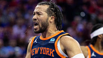 Apr 28, 2024; Philadelphia, Pennsylvania, USA; New York Knicks guard Jalen Brunson (11) reacts after scoring against the Philadelphia 76ers during the third quarter of game four of the first round in the 2024 NBA playoffs at Wells Fargo Center. Mandatory Credit: Bill Streicher-Imagn Images