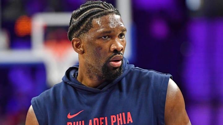 Apr 2, 2024; Philadelphia, Pennsylvania, USA; Philadelphia 76ers center Joel Embiid (21) during