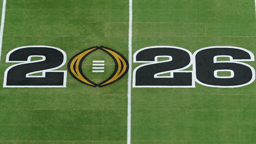 Jan 19, 2026; Miami Gardens, FL, USA; A general view of a 2026 logo before the CFP National Championship college football game between the Indiana Hoosiers and the Miami Hurricanes at Hard Rock Stadium. Mandatory Credit: James Lang-Imagn Images