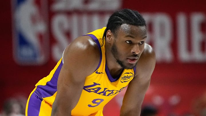 Jul 12, 2024; Las Vegas, NV, USA; Los Angeles Lakers guard Bronny James (9) competes against the Houston Rockets during the first half at Thomas & Mack Center. 