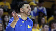 Mar 8, 2025; Pittsburgh, Pennsylvania, USA;  Pittsburgh Panthers head coach Jeff Capel reacts on the sidelines against the Boston College Eagles during the second half at the Petersen Events Center. Mandatory Credit: Charles LeClaire-Imagn Images