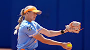 Tennessee pitcher Karlyn Pickens (23) throws a pitch during a Women's College World Series softball game between the Tennessee Volunteers and the Texas Longhorns at Devon Park in Oklahoma City, Monday, June 2, 2025. Texas won 2-0.