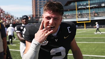 Diego Pavia #2 of the Vanderbilt Commodores celebrates after an overtime victory over Virginia Tech Hokies at FirstBank Stadium on August 31, 2024 in Nashville, Tennessee.
