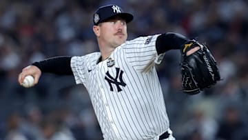 Oct 29, 2024; New York, New York, USA; New York Yankees pitcher Mark Leiter Jr. (38) throws during the seventh inning against the Los Angeles Dodgers in game four of the 2024 MLB World Series at Yankee Stadium. Mandatory Credit: Brad Penner-Imagn Images