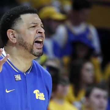 Mar 8, 2025; Pittsburgh, Pennsylvania, USA;  Pittsburgh Panthers head coach Jeff Capel reacts on the sidelines against the Boston College Eagles during the second half at the Petersen Events Center. Mandatory Credit: Charles LeClaire-Imagn Images