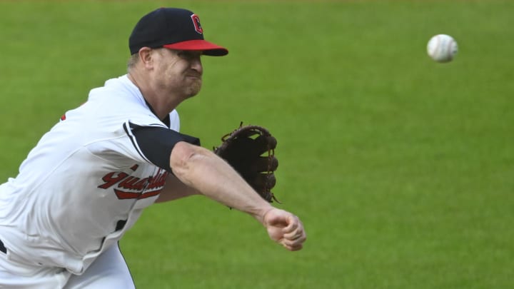 Aug 14, 2024; Cleveland, Ohio, USA; Cleveland Guardians starting pitcher Alex Cobb (35) delivers a pitch in the third inning against the Chicago Cubs at Progressive Field.