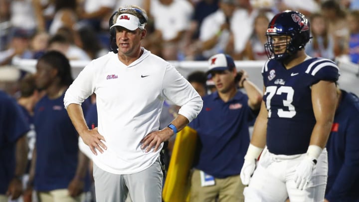 Aug 31, 2024; Oxford, Mississippi, USA; Mississippi Rebels head coach Lane Kiffin watches from the sideline during the first half against the Furman Paladins at Vaught-Hemingway Stadium. Mandatory Credit: Petre Thomas-USA TODAY Sports