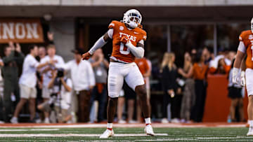 Nov 23, 2024; Austin, Texas, USA; Texas Longhorns middle linebacker Anthony Hill Jr. (0) celebrates a sack against the Kentucky Wildcats during the second quarter at Darrell K Royal-Texas Memorial Stadium. 