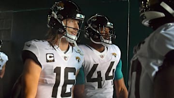Oct 2, 2022; Philadelphia, Pennsylvania, USA; Jacksonville Jaguars quarterback Trevor Lawrence (16) and linebacker Travon Walker (44) in the tunnel against the Philadelphia Eagles at Lincoln Financial Field. Mandatory Credit: Eric Hartline-Imagn Images
