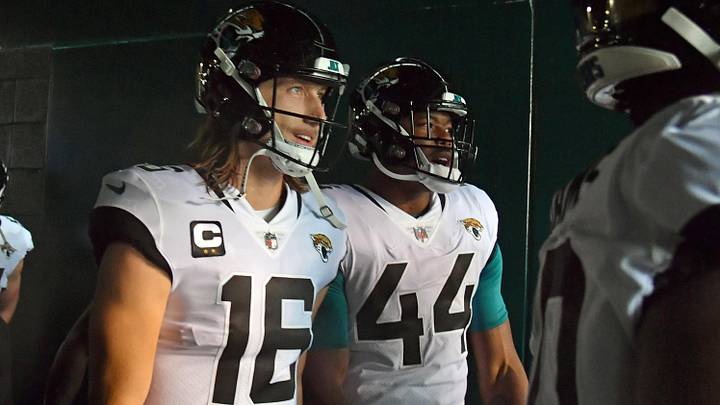 Oct 2, 2022; Philadelphia, Pennsylvania, USA; Jacksonville Jaguars quarterback Trevor Lawrence (16) and linebacker Travon Walker (44) in the tunnel against the Philadelphia Eagles at Lincoln Financial Field. Mandatory Credit: Eric Hartline-Imagn Images