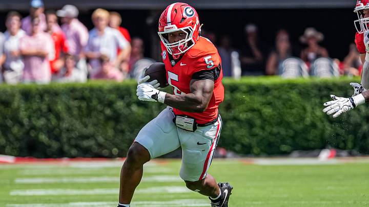Sep 5, 2026; Athens, Georgia, USA; Georgia Bulldogs running back Chauncey Bowens (5) runs with the ball against the Tennessee State Tigers during the first half at Sanford Stadium. Mandatory Credit: Dale Zanine-Imagn Images