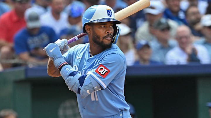 Jun 28, 2025; Kansas City, Missouri, USA;  Kansas City Royals shortstop Maikel Garcia (11) at bat in the fifth inning against the Los Angeles Dodgers at Kauffman Stadium. Mandatory Credit: Peter Aiken-Imagn Images