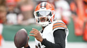 Nov 9, 2025; East Rutherford, New Jersey, USA;  Cleveland Browns Cleveland Browns quarterback Shedeur Sanders (12) before the game against the New York Jets at MetLife Stadium. Mandatory Credit: Robert Deutsch-Imagn Images