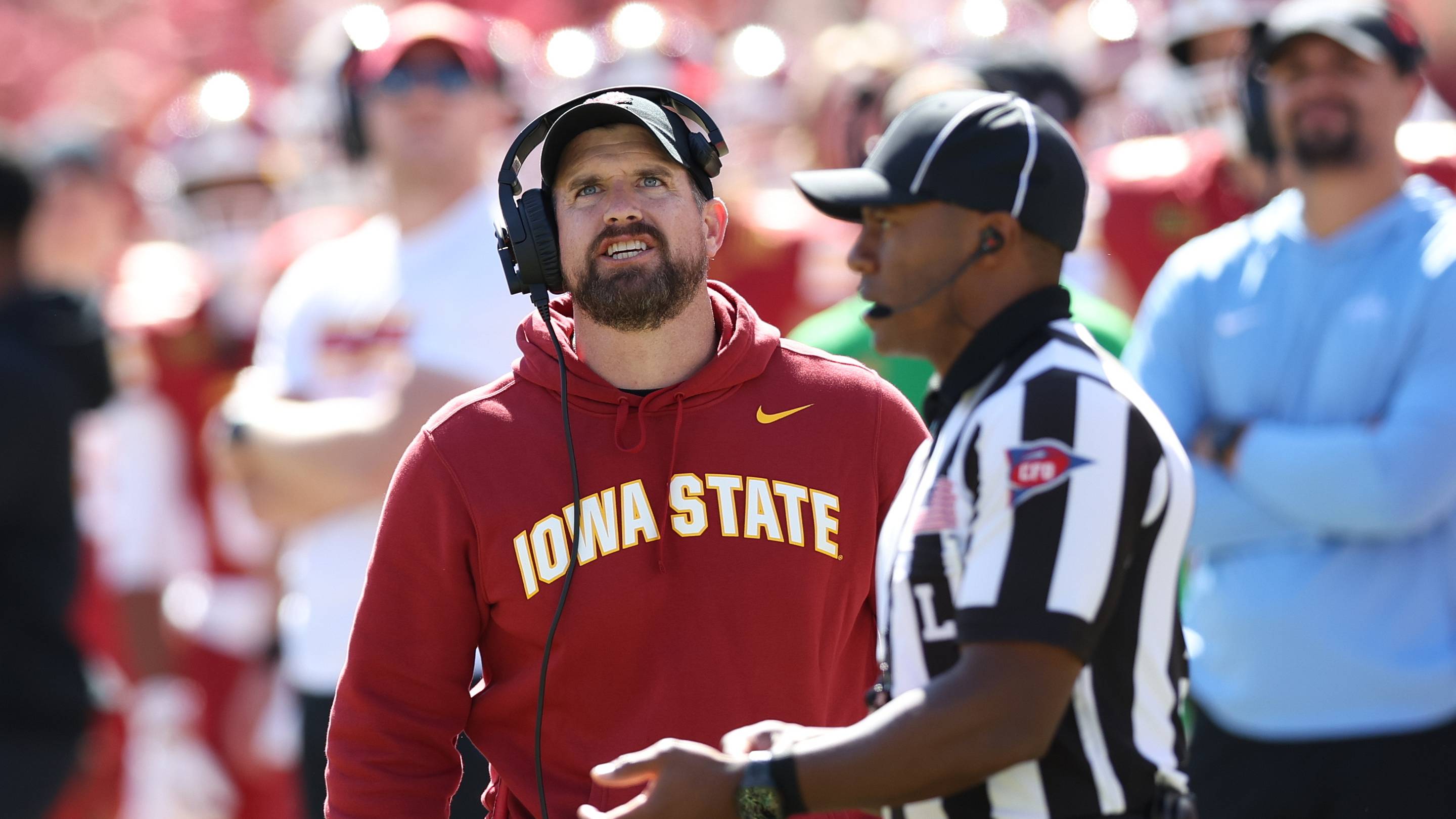 Oct 3, 2026; Ames, Iowa, USA; Iowa State Cyclones head coach Jimmy Rogers watches his team play the West Virginia Mountaineers during the second half at Jack Trice Stadium. Mandatory Credit: Reese Strickland-Imagn Images | IMAGN IMAGES via Reuters Connect