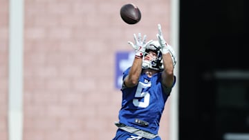 Jul 23, 2025; East Rutherford, NJ, USA; New York Giants wide receiver Dalen Cambre (5) catches the ball during training camp at Quest Diagnostics Training Center. Mandatory Credit: Vincent Carchietta-Imagn Images