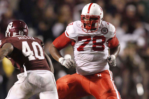 Nebraska offensive lineman Marcel Jones in action against Texas A&M in 2010.