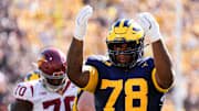 Michigan defensive lineman Kenneth Grant (78) celebrates a tackle against USC during the first half at Michigan Stadium in Ann Arbor on Saturday, Sept. 21, 2024.