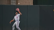 Apr 11, 2025; West Sacramento, California, USA; New York Mets outfielder Jose Siri (19) makes a catch second inning of the game against the Oakland Athletics at Sutter Health Park. Mandatory Credit: Ed Szczepanski-Imagn Images