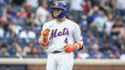 Jul 9, 2024; New York City, New York, USA;  New York Mets catcher Francisco Alvarez (4) reacts after just missing a home run in the first inning against the Washington Nationals at Citi Field. Mandatory Credit: Wendell Cruz-USA TODAY Sports