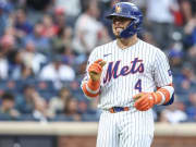 Jul 9, 2024; New York City, New York, USA;  New York Mets catcher Francisco Alvarez (4) reacts after just missing a home run in the first inning against the Washington Nationals at Citi Field. Mandatory Credit: Wendell Cruz-USA TODAY Sports