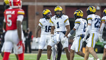Nov 22, 2025; College Park, Maryland, USA;  Michigan Wolverines linebacker Jaishawn Barham (1) reacts after tackle for a loss during the first half against the Maryland Terrapins at SECU Stadium. Mandatory Credit: Tommy Gilligan-Imagn Images