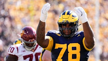 Michigan defensive lineman Kenneth Grant (78) celebrates a tackle against USC during the first half at Michigan Stadium in Ann Arbor on Saturday, Sept. 21, 2024.