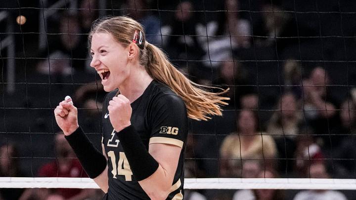 Purdue Boilermakers opposite Grace Heaney celebrates during the Monon Spike Match at Gainbridge Fieldhouse in Indianapolis.