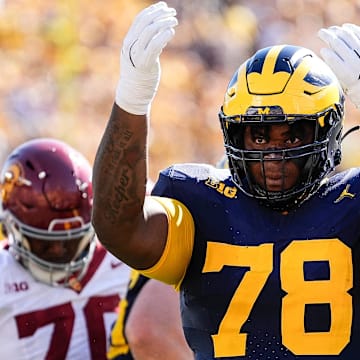 Michigan defensive lineman Kenneth Grant (78) celebrates a tackle against USC during the first half at Michigan Stadium in Ann Arbor on Saturday, Sept. 21, 2024.