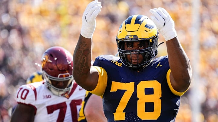 Michigan defensive lineman Kenneth Grant (78) celebrates a tackle against USC during the first half at Michigan Stadium in Ann Arbor on Saturday, Sept. 21, 2024.