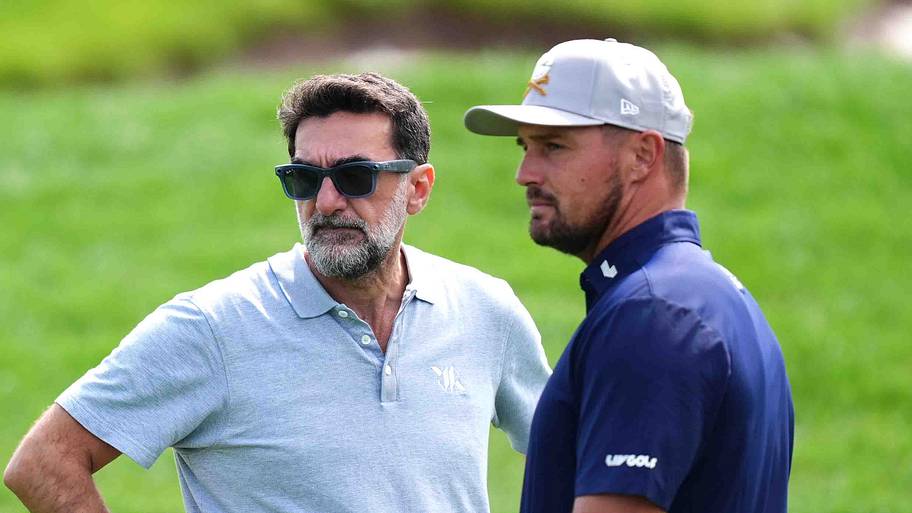 LIV Golf chairman Yasir Al-Rumayyan (left) and Bryson DeChambeau during the preview day ahead of LIV Golf U.K. in 2025.