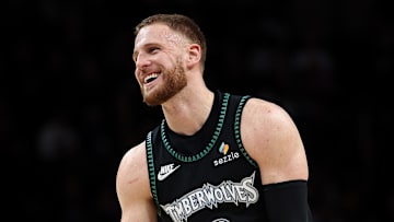 Nov 30, 2025; Minneapolis, Minnesota, USA; Minnesota Timberwolves guard Donte DiVincenzo (0) reacts during the second half against the San Antonio Spurs at Target Center. Mandatory Credit: Matt Krohn-Imagn Images