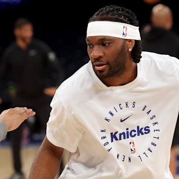 Apr 21, 2025; New York, New York, USA; New York Knicks forward Precious Achiuwa (5) warms up before game two of first round of the 2024 NBA Playoffs against the Detroit Pistons at Madison Square Garden. Mandatory Credit: Brad Penner-Imagn Images