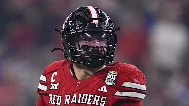 Dec 6, 2025; Arlington, TX, USA; Texas Tech Red Raiders linebacker Jacob Rodriguez (10) looks on during the game between the Red Raiders and the Cougars at AT&T Stadium. Mandatory Credit: Jerome Miron-Imagn Images