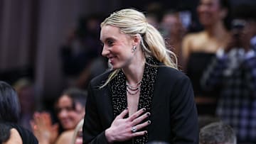 Apr 14, 2025; New York, New York, USA; Paige Bueckers reacts after being selected with the number one overall pick to the Dallas Wings in the 2025 WNBA Draft at The Shed at Hudson Yards. Mandatory Credit: Vincent Carchietta-Imagn Images