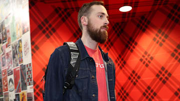 Former Denver Nuggets center Jay Huff (30) arrives at Moda Center to play the Portland Trail Blazers.