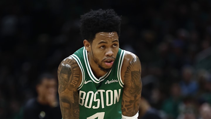 Oct 22, 2025; Boston, Massachusetts, USA; Boston Celtics guard Anfernee Simons (4) during the second quarter against the Philadelphia 76ers at TD Garden. Mandatory Credit: Winslow Townson-Imagn Images