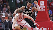 Feb 25, 2025; Houston, Texas, USA; Milwaukee Bucks forward Giannis Antetokounmpo (34) defends against Houston Rockets center Alperen Sengun (28) during the fourth quarter at Toyota Center. Mandatory Credit: Troy Taormina-Imagn Images