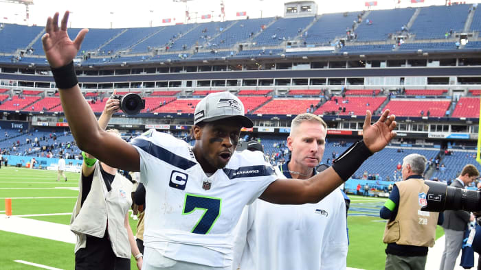 Dec 24, 2023; Nashville, Tennessee, USA; Seattle Seahawks quarterback Geno Smith (7) celebrates as