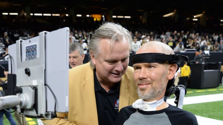 Jan 20, 2019; New Orleans, LA, USA; Hall of famer Morten Andersen with New Orleans Saints former player Steve Gleason before the NFC Championship game against the Los Angeles Rams at Mercedes-Benz Superdome. Mandatory Credit: John David Mercer-USA TODAY Sports