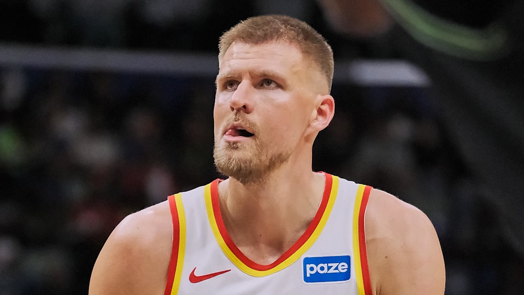 Nov 22, 2025; New Orleans, Louisiana, USA;  Atlanta Hawks forward/center Kristaps Porzingis (8) shoots a free throw against the New Orleans Pelicans during the first half of the game at the Smoothie King Center. Mandatory Credit: Daniel Anderson-Imagn Images