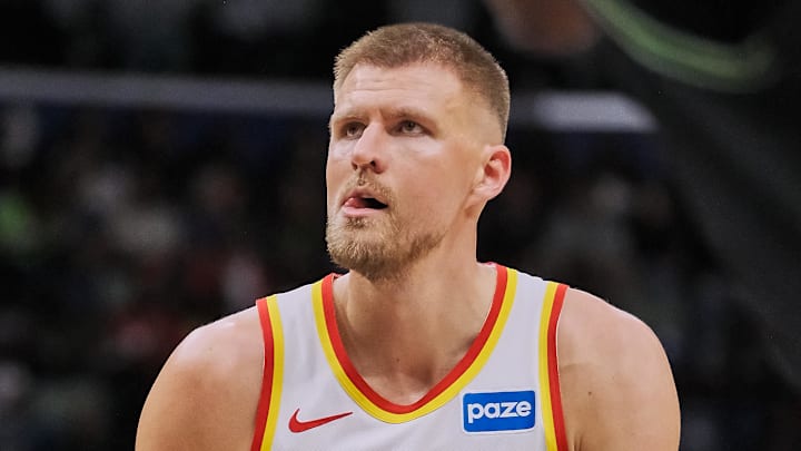 Nov 22, 2025; New Orleans, Louisiana, USA;  Atlanta Hawks forward/center Kristaps Porzingis (8) shoots a free throw against the New Orleans Pelicans during the first half of the game at the Smoothie King Center. Mandatory Credit: Daniel Anderson-Imagn Images