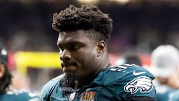 Feb 9, 2025; New Orleans, LA, USA; Philadelphia Eagles  defensive tackle Jordan Davis (90) against the Kansas City Chiefs during Super Bowl LIX at Ceasars Superdome. Mandatory Credit: Mark J. Rebilas-Imagn Images