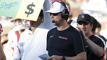 Sep 21, 2024; Ann Arbor, Michigan, USA;  USC Trojans head coach Lincoln Riley on the sideline in the second half against the Michigan Wolverines at Michigan Stadium. Mandatory Credit: Rick Osentoski-Imagn Images